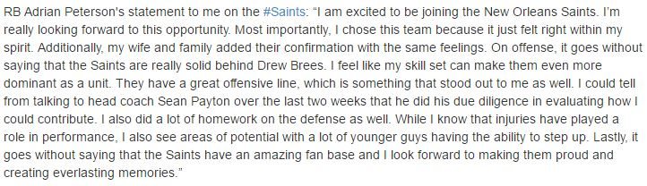 Adrian Peterson statement to Josina Anderson